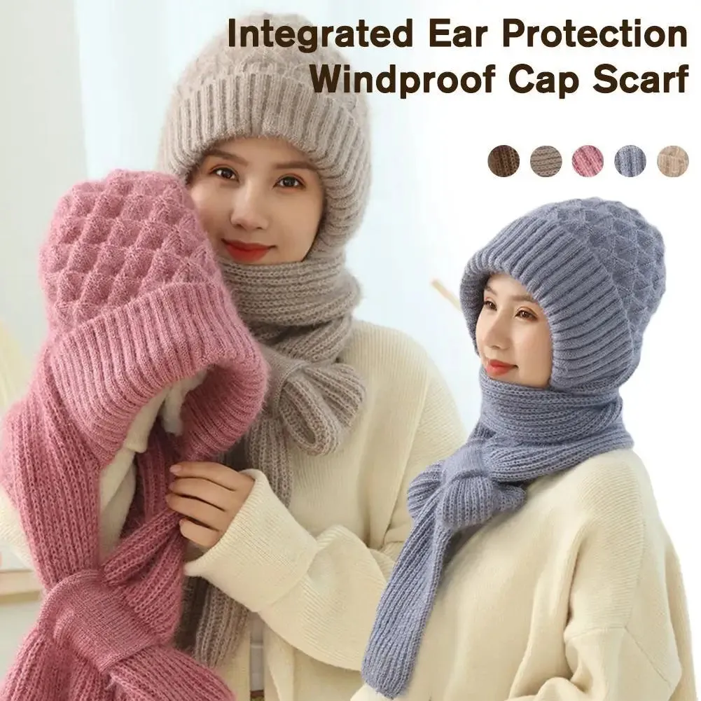 1pc Winter Knitted Skullies Hat Scarf Set Cold Proof Ear Protection Scarf Warm Girls Beanies Cycling Windproof Ladies Outdoor Caps