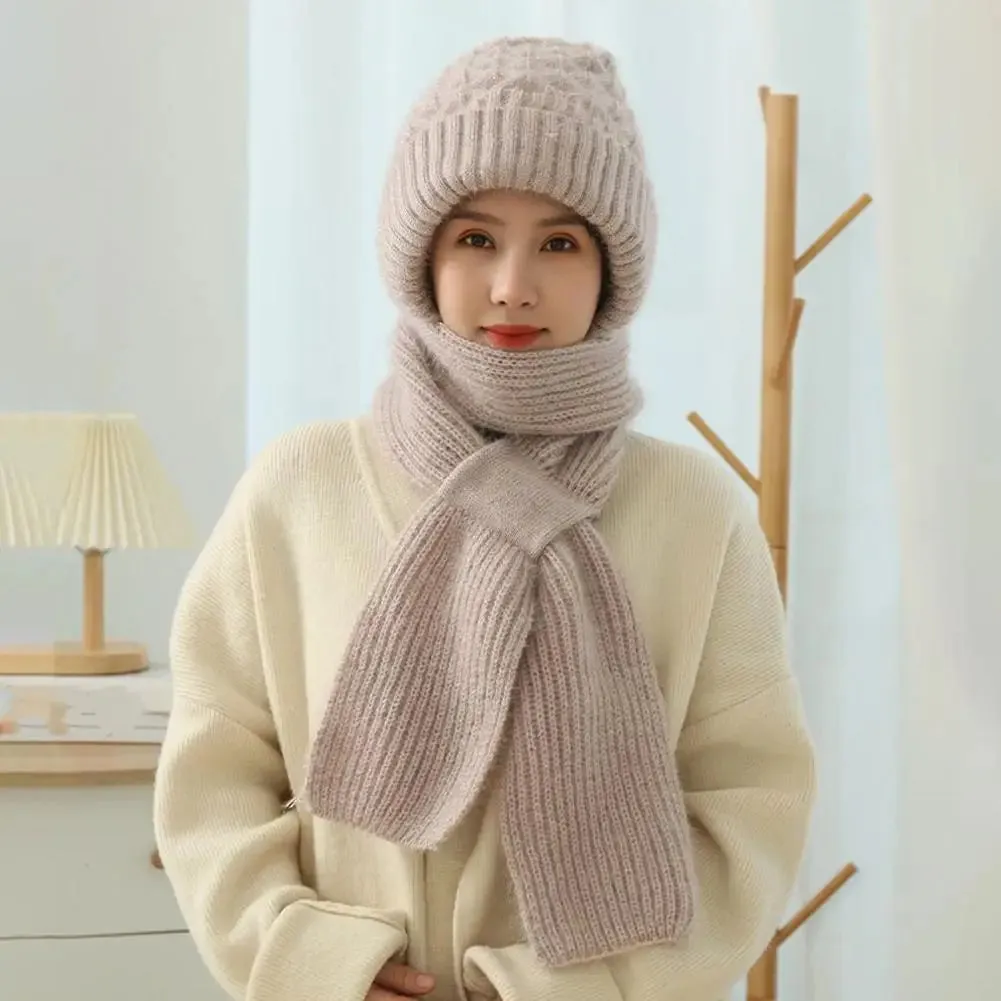 1pc Winter Knitted Skullies Hat Scarf Set Cold Proof Ear Protection Scarf Warm Girls Beanies Cycling Windproof Ladies Outdoor Caps