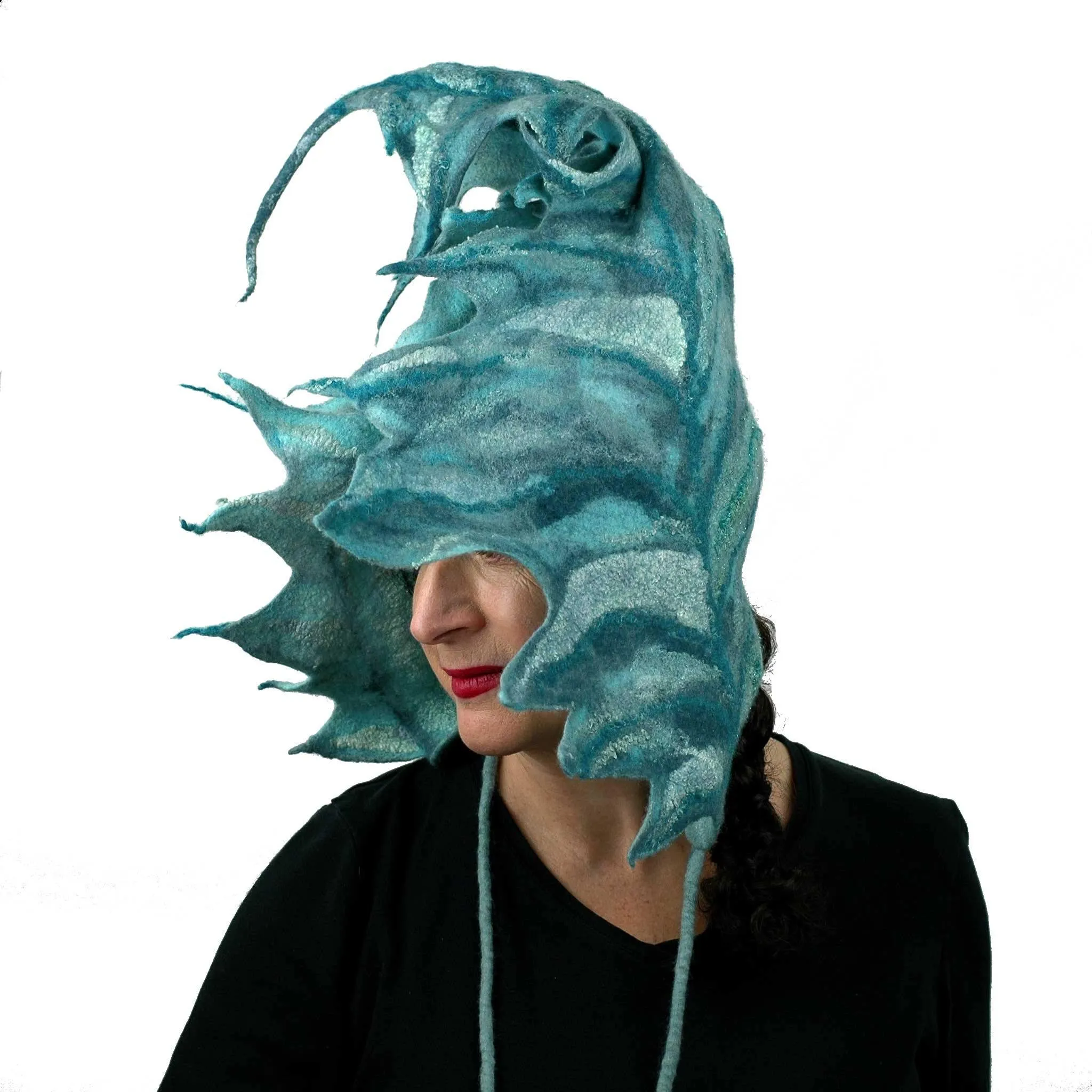 ~Adopted~ Teal Green Felted Leaf Hood with Ties