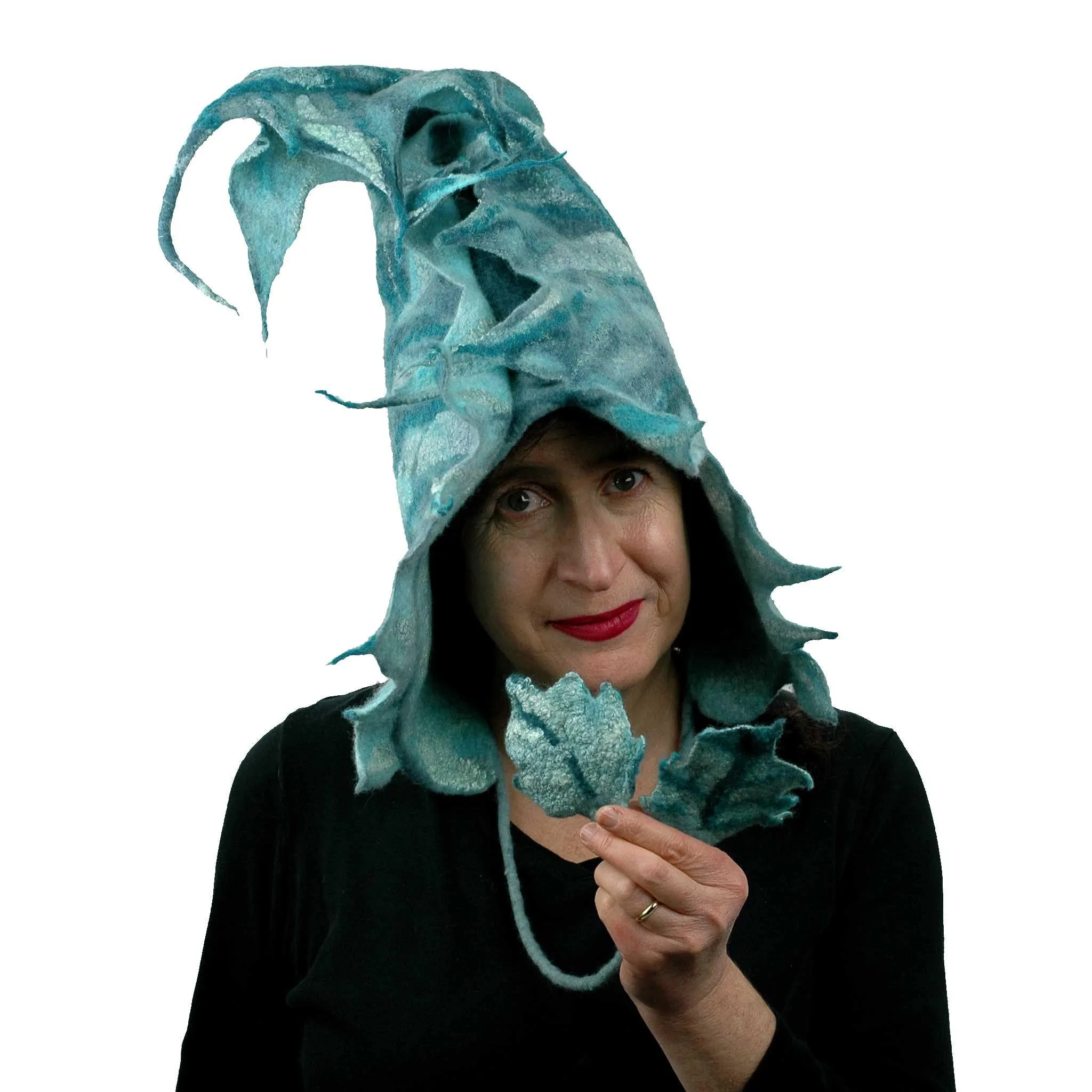 ~Adopted~ Teal Green Felted Leaf Hood with Ties