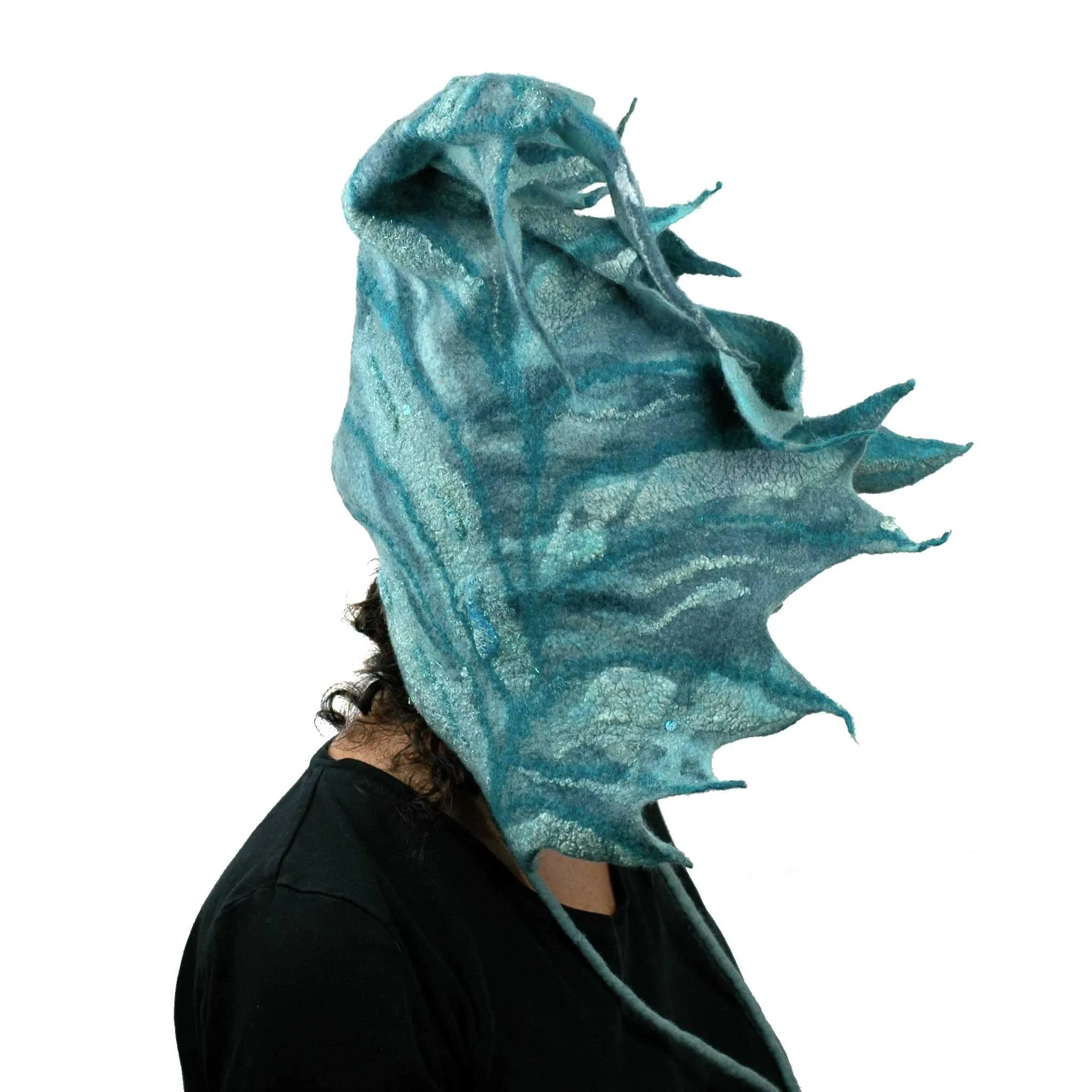 ~Adopted~ Teal Green Felted Leaf Hood with Ties