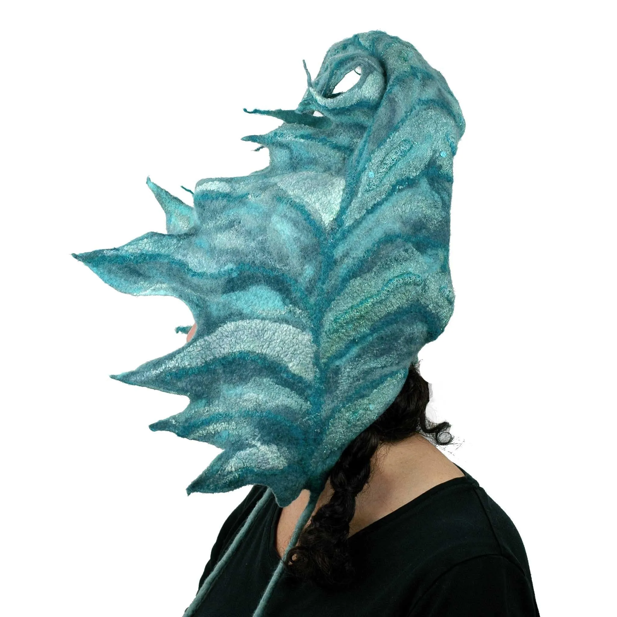 ~Adopted~ Teal Green Felted Leaf Hood with Ties