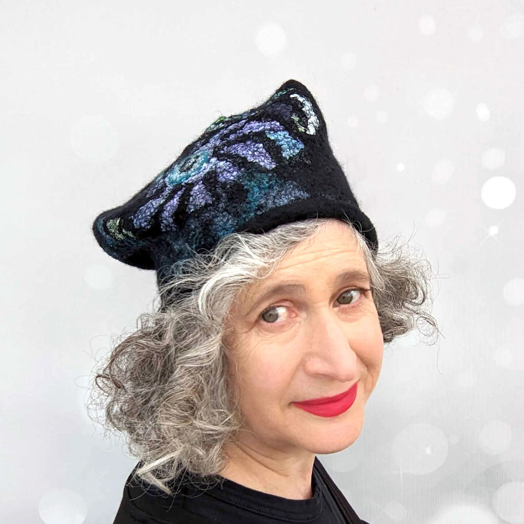 Nunofelted Beanie Cap in Black Merino Wool - MEDIUM