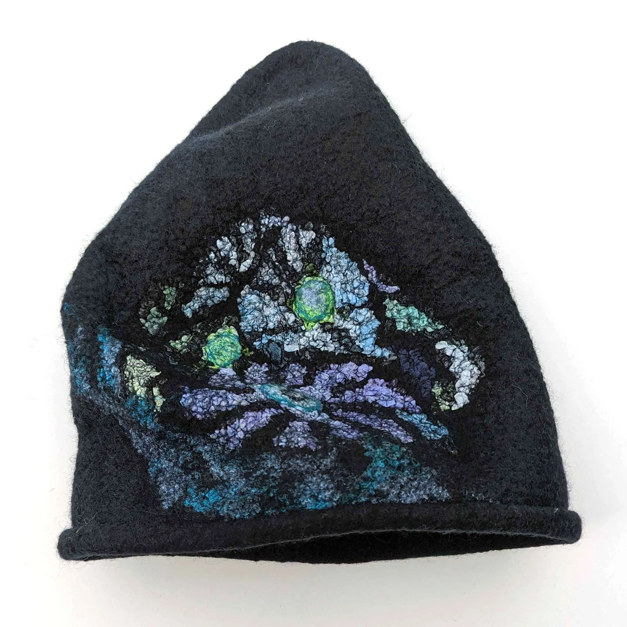 Nunofelted Beanie Cap in Black Merino Wool - MEDIUM