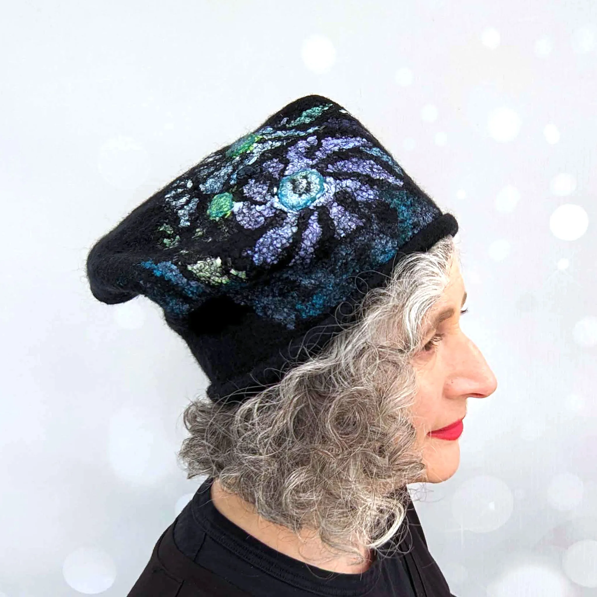 Nunofelted Beanie Cap in Black Merino Wool - MEDIUM