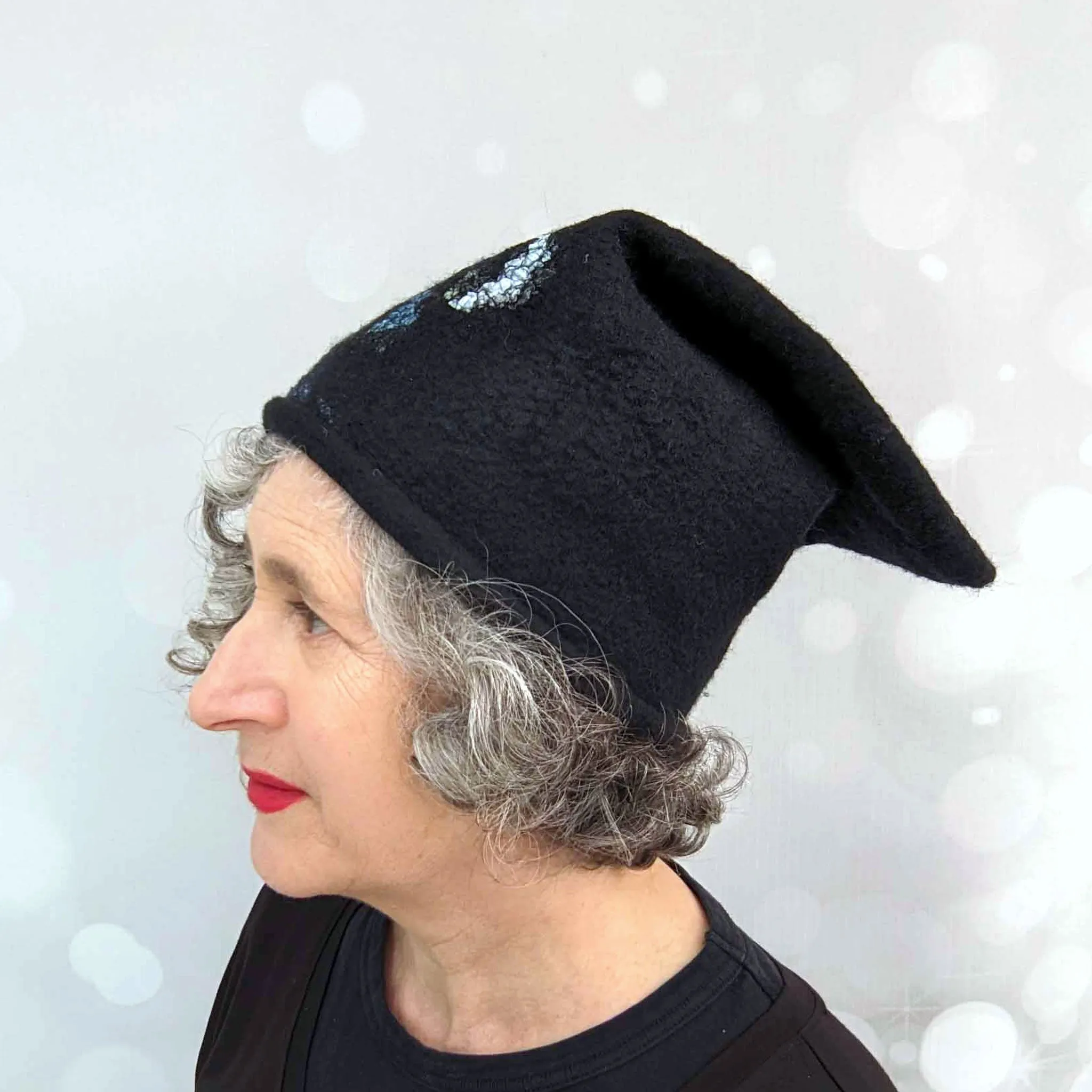 Nunofelted Beanie Cap in Black Merino Wool - MEDIUM